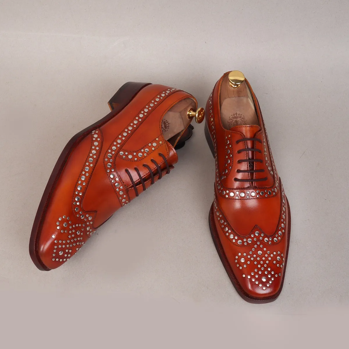 Studded Tan Long Tail Brogues/Oxford Leather Shoe By Brune & Bareskin