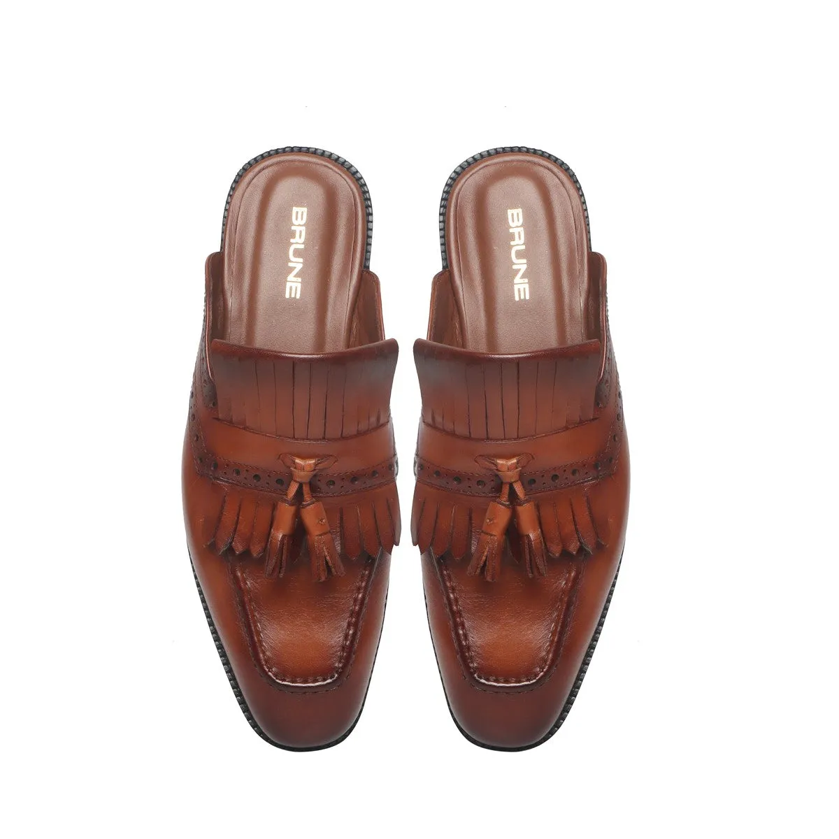 Tan Comfy Tassel Fringes Leather Formal Mules by Brune & Bareskin