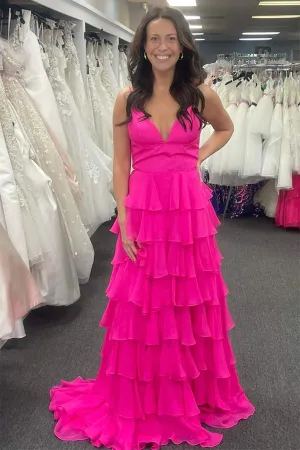 V-Neck Straps Fuchsia Ruffle Chiffon Prom Dress with Slit PSK470