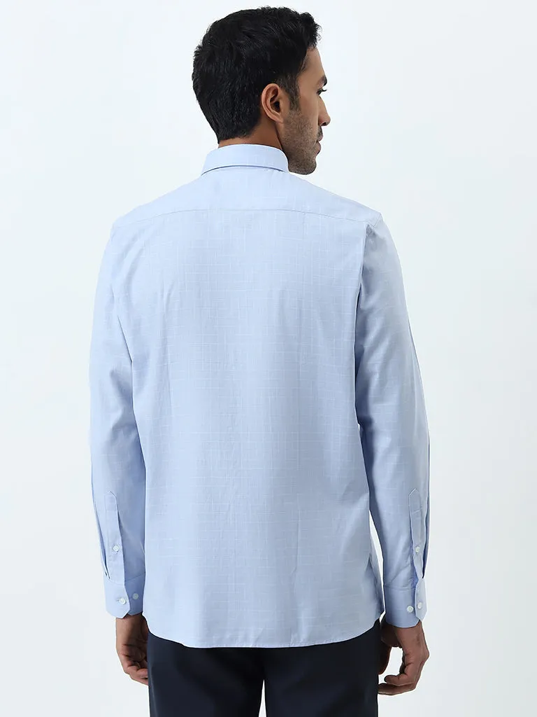 WES Formals Blue Checkered Slim-Fit Cotton Shirt