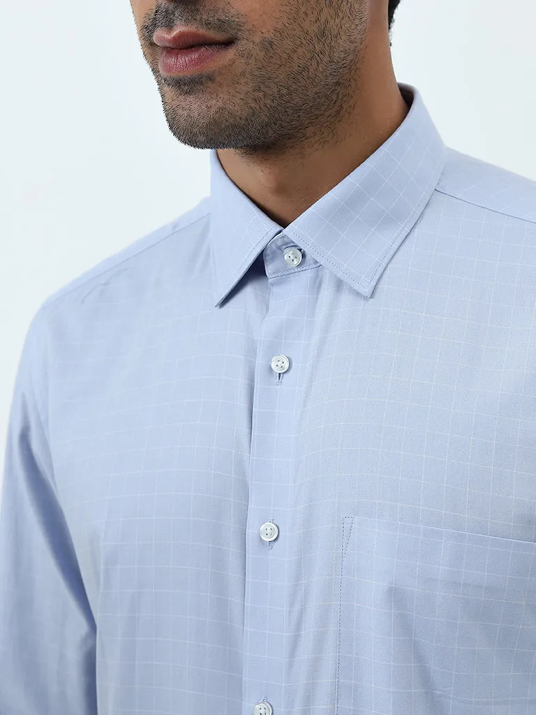 WES Formals Blue Checkered Slim-Fit Cotton Shirt