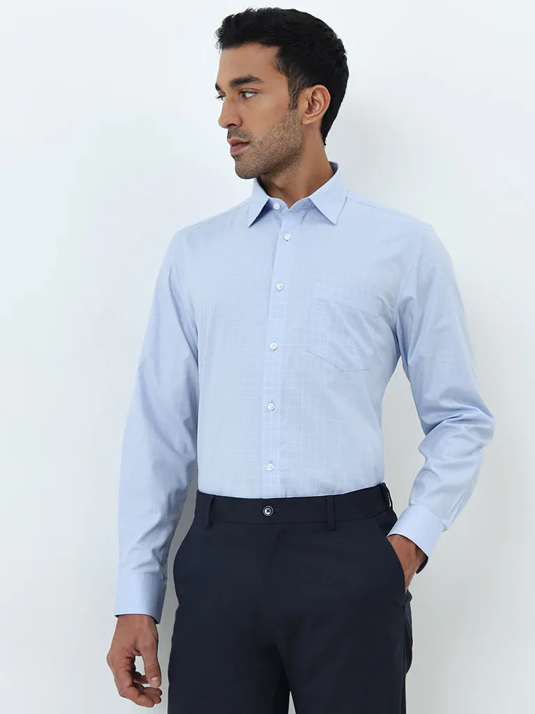 WES Formals Blue Checkered Slim-Fit Cotton Shirt