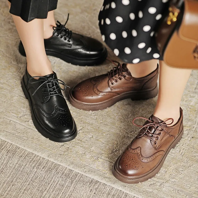 Wingtip Oxford Shoes Women's Genuine Leather Lace Up Full Brogues in Black/Brown