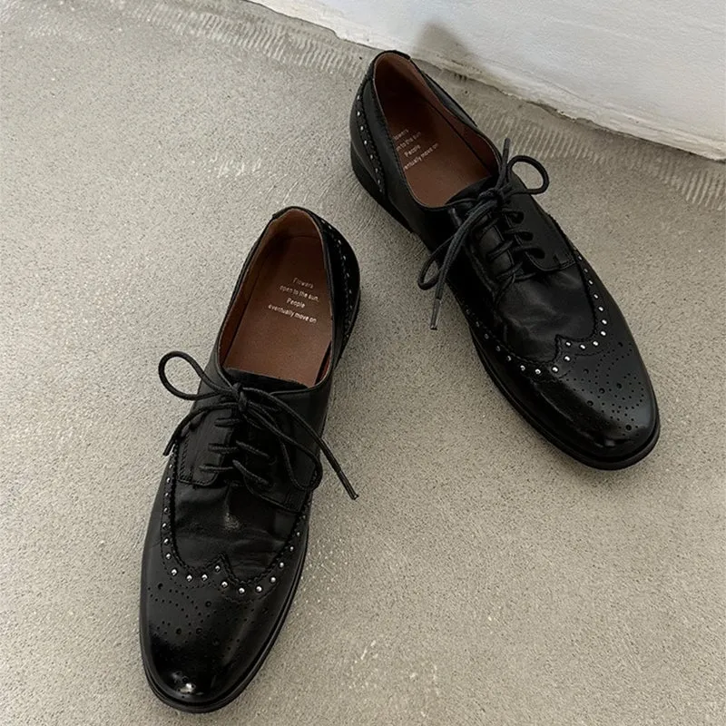 Wingtip Oxfords Women's Genuine Leather Lace Up Full Brogues Rivet-embellishment in Black/Brown