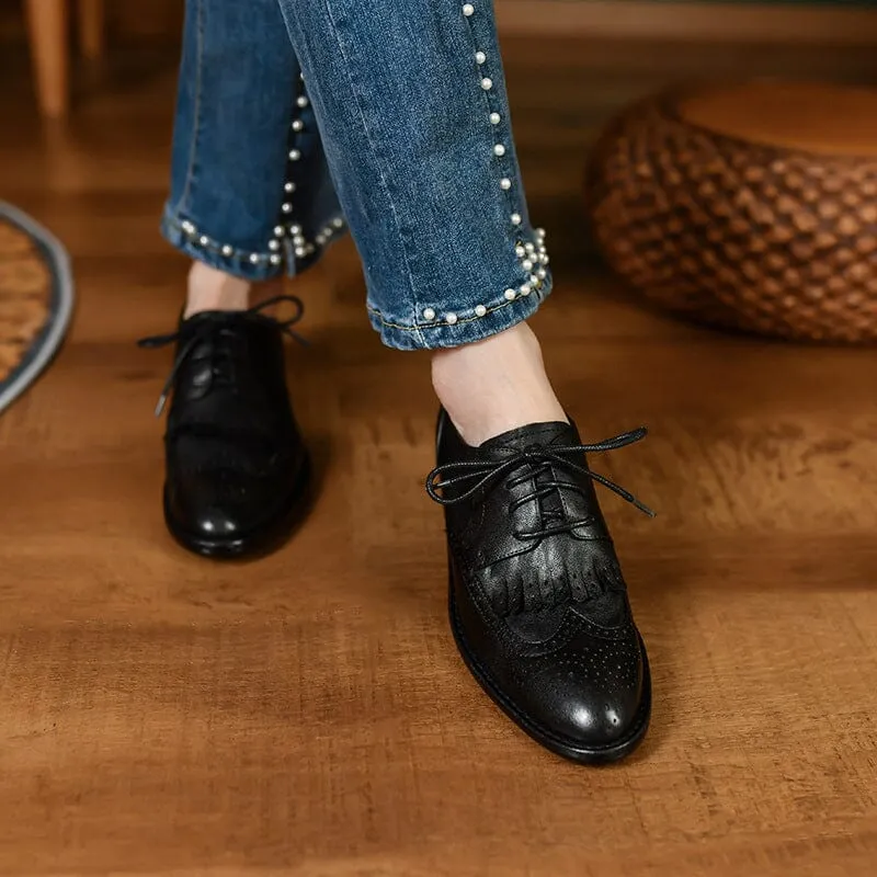 Women Wingtip Shoes Handmade Leather Full Brogues Oxfords & Tie Low Heel Elegant Coffee/Black