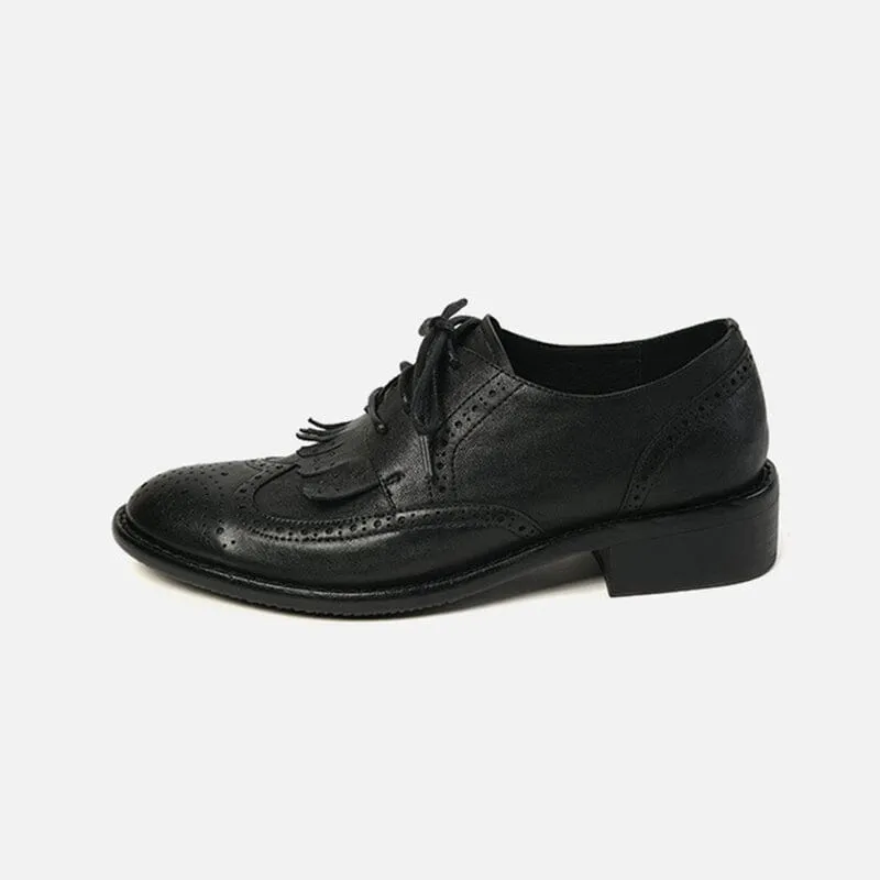 Women Wingtip Shoes Handmade Leather Full Brogues Oxfords & Tie Low Heel Elegant Coffee/Black