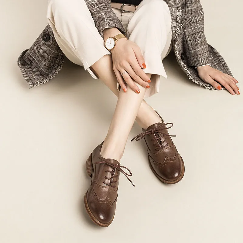 Women Wingtip Shoes Handmade Sheepskin Brogues/Oxfords Low Heel Elegant Coffee/Black (better suited for thin feet)