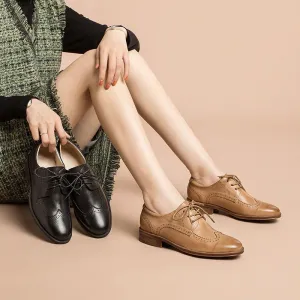 Women Wingtip Shoes Handmade Sheepskin Full Brogues Oxfords & Tie Low Heel Elegant Brown/Black (better suited for thin feet)