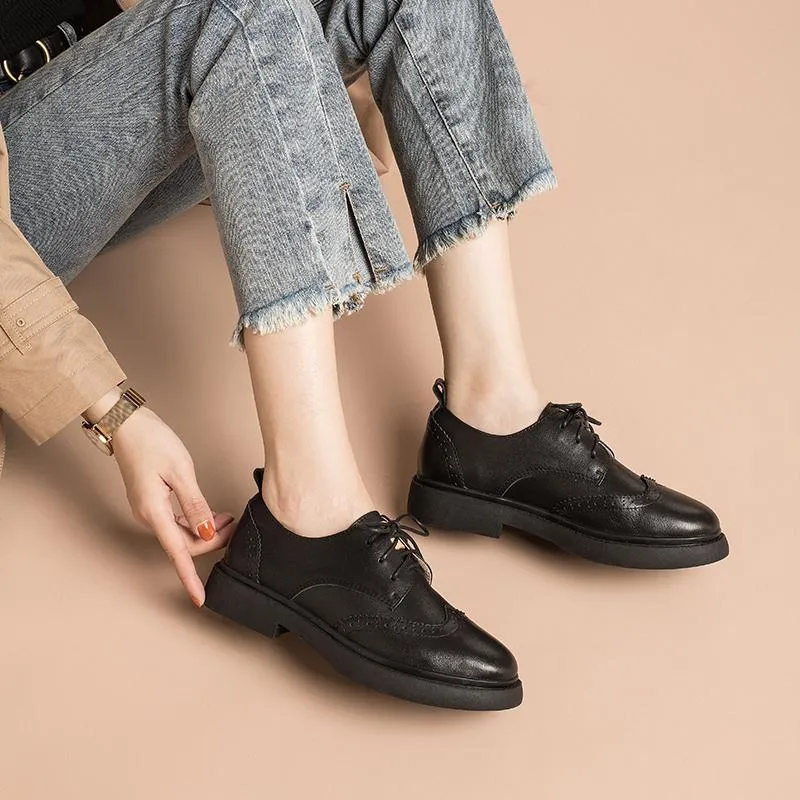 Womens Wingtip Shoes Handmade Leather W Toe Cap Brogues Oxfords & Tie Flats Elegant Black/White