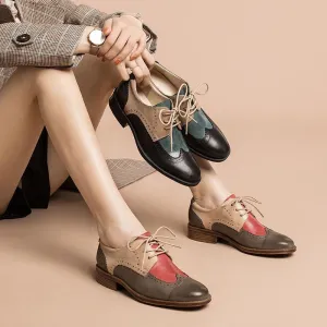 Womens Wingtip Shoes Handmade Sheepskin Full Brogues Oxfords & Tie Flats Color Blocking