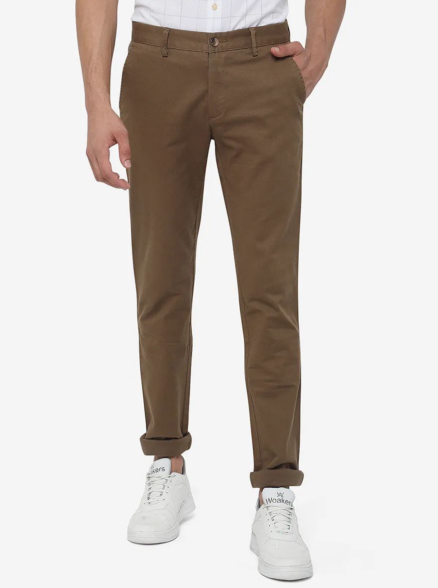 Wood Brown Solid Super Slim Fit Casual Trouser | Greenfibre